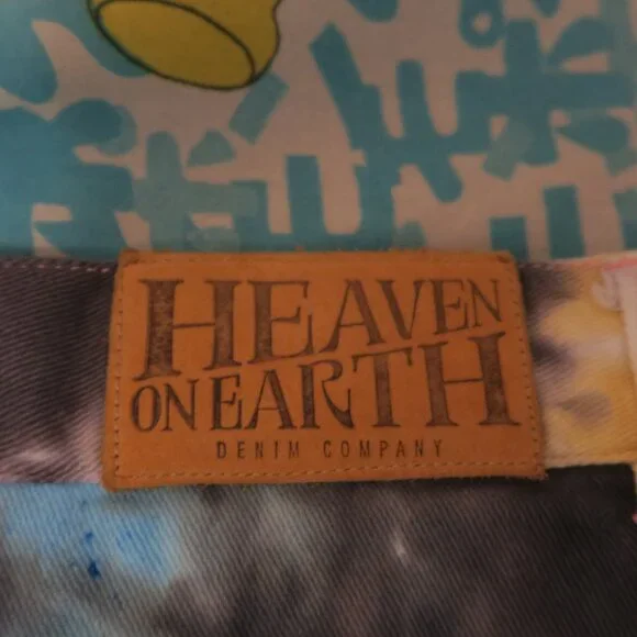 Heaven on Earth 1336 Tie Dye Stacked Denim Jeans Size 42x35 Raw Hem Orange Blue